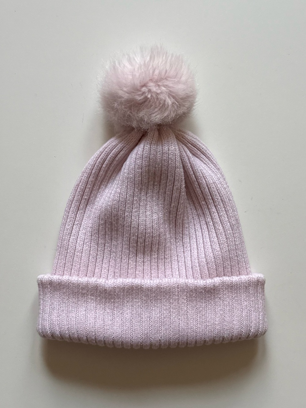 Jacadi Girls Light Pink Ribbed Knit Hat with Pompom - Size 4/5Y
